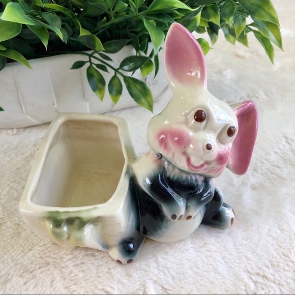 Vintage Other - Antique vintage bunny rabbit planter pink blue